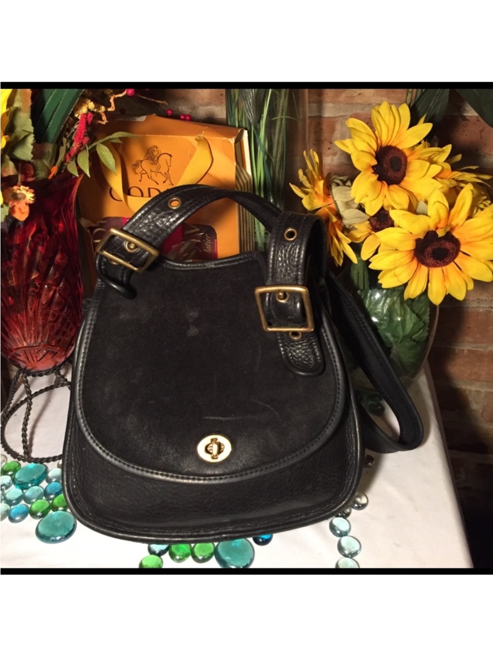 Coach Black Suede and Leather Hippie Saddle Shoulder Bag with Turnlock Closure